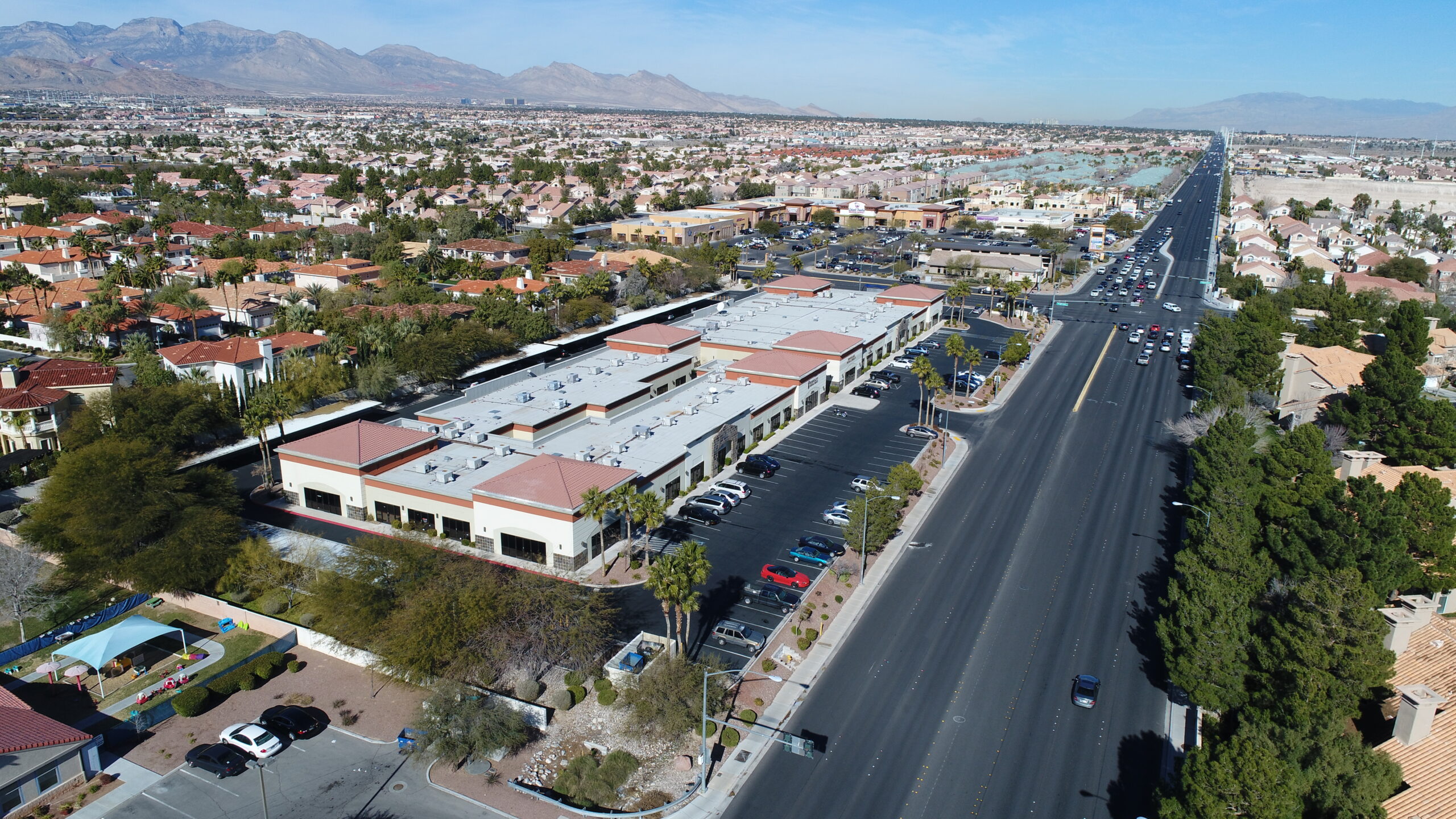 Drone shot of commercial building in Las Vegas, Nevada