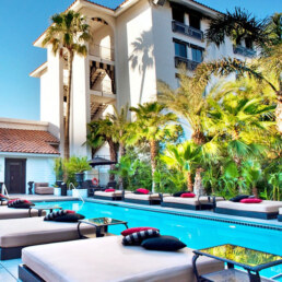 Pool and palm trees with Artisan Hotel in background